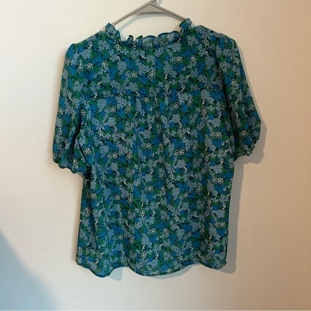 J Crew Ruffle Trim Short Sleeve Top in Hyacinth Fields Floral Print Women's S